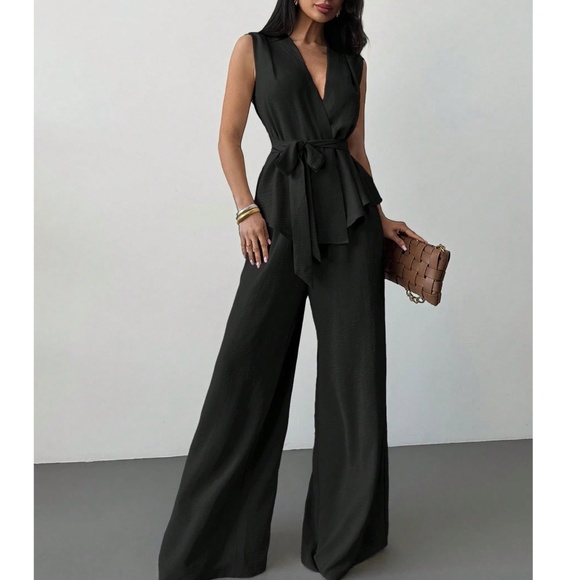 Classic Surplice Sleeveless Belted Blouse Wide leg Pants - Picture 1 of 8